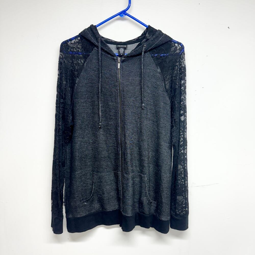 Torrid‎ Women Black Zip Up Hooded Lace Sleeved Lightweight Cotton Jacket 0 Large